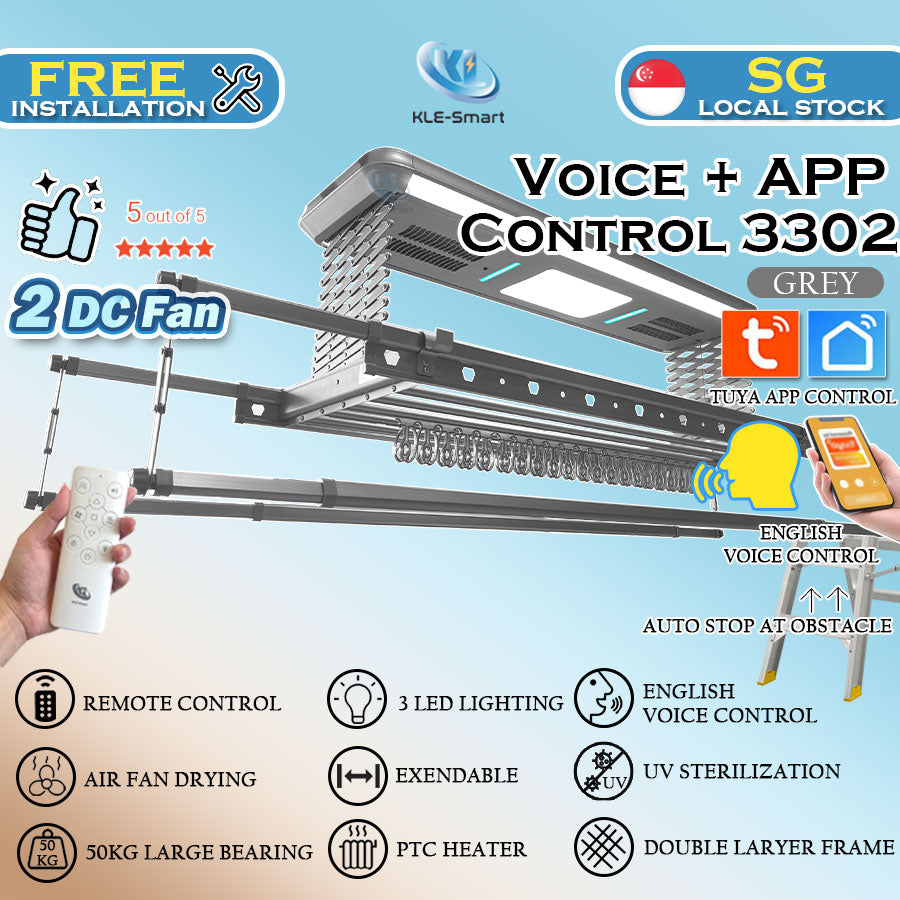 2 DC Fan 3302 - Voice + APP + Remote Control Automated Laundry Rack dryer 【Local Ready Stock + FREE INSTALLATION】