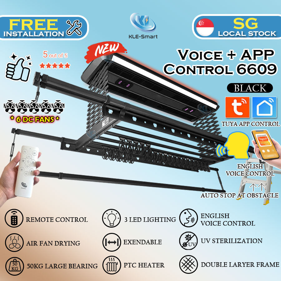 6 DC Fan 6609 - Voice + APP + Remote Control Automated Laundry Rack dryer 【Local Ready Stock + FREE INSTALLATION】